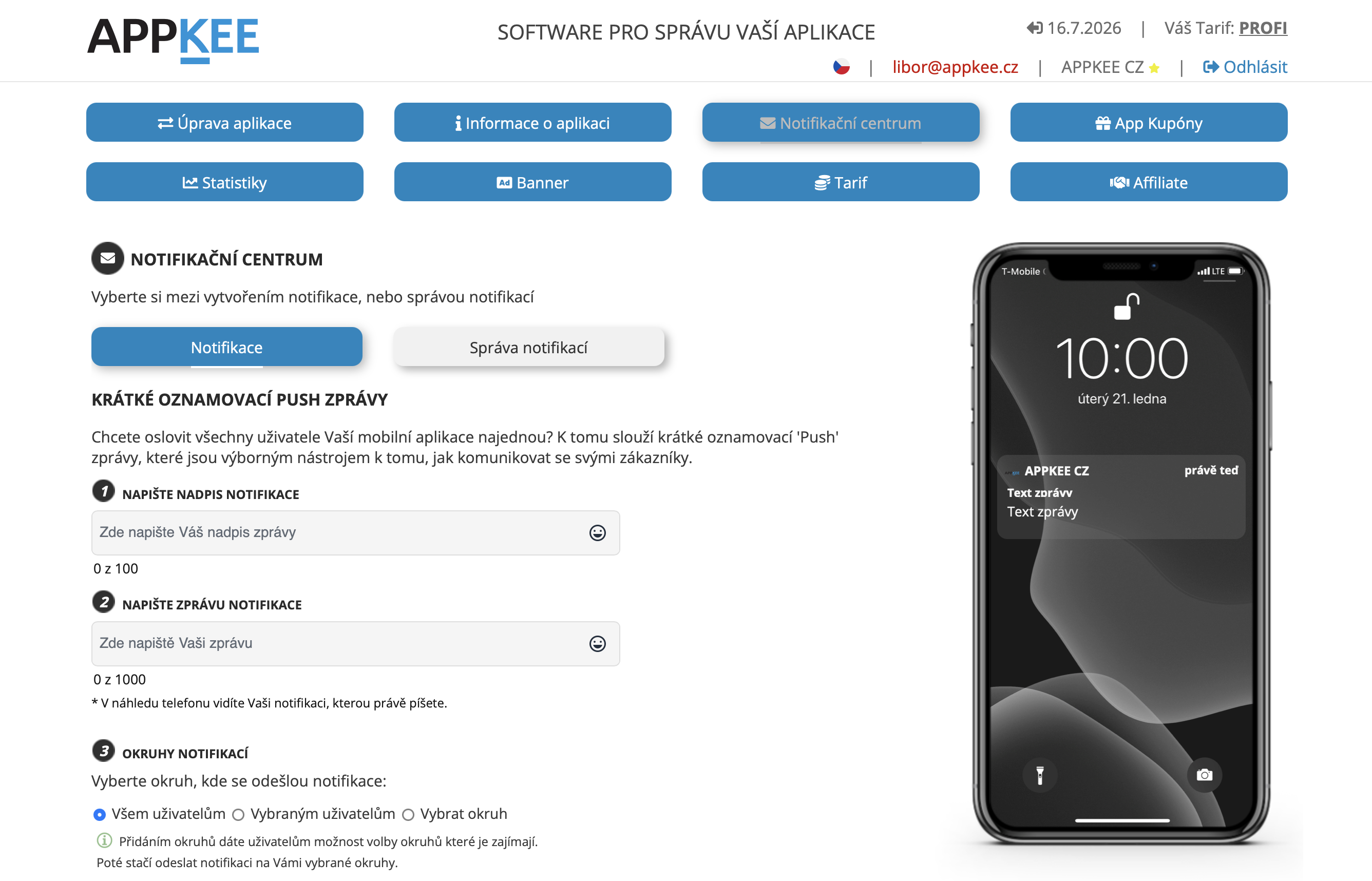 APPKEE manager – notifikační centrum a tvorba push zpráv