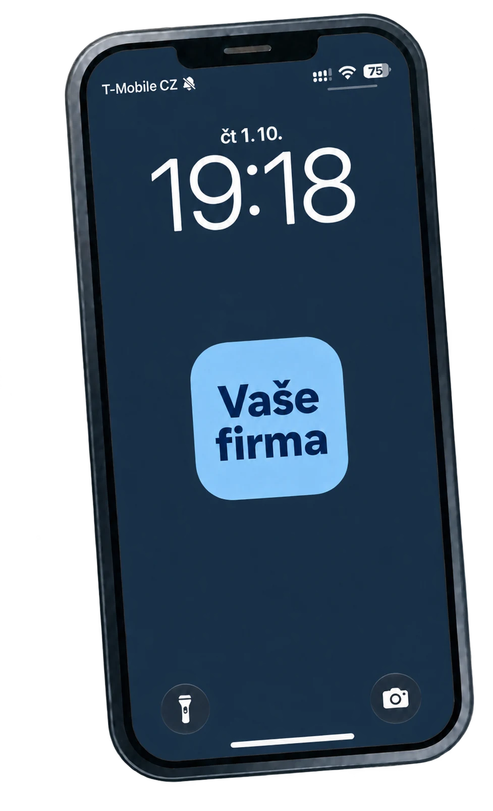Mobilní telefon se světle modrou ikonou aplikace Vaše firma
